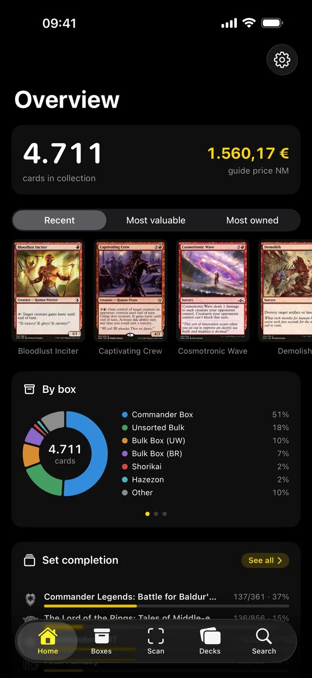 Kura dashboard: collection overview with total value, recent scans, and a breakdown of cards by box